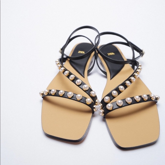 ZARA Flat Sandals with Pearl Straps